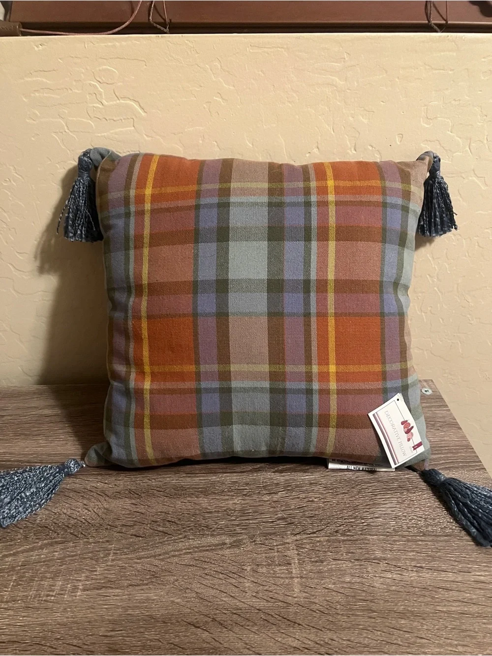 Target Bullseye Plaid Throw Pillow Fall Autumn Tassels Orange Blue Green NWT